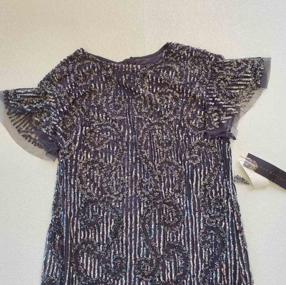 Aidan Mattox Short Sleeve Swirl Beaded Dress Gunmetal - Picture 5 of 7